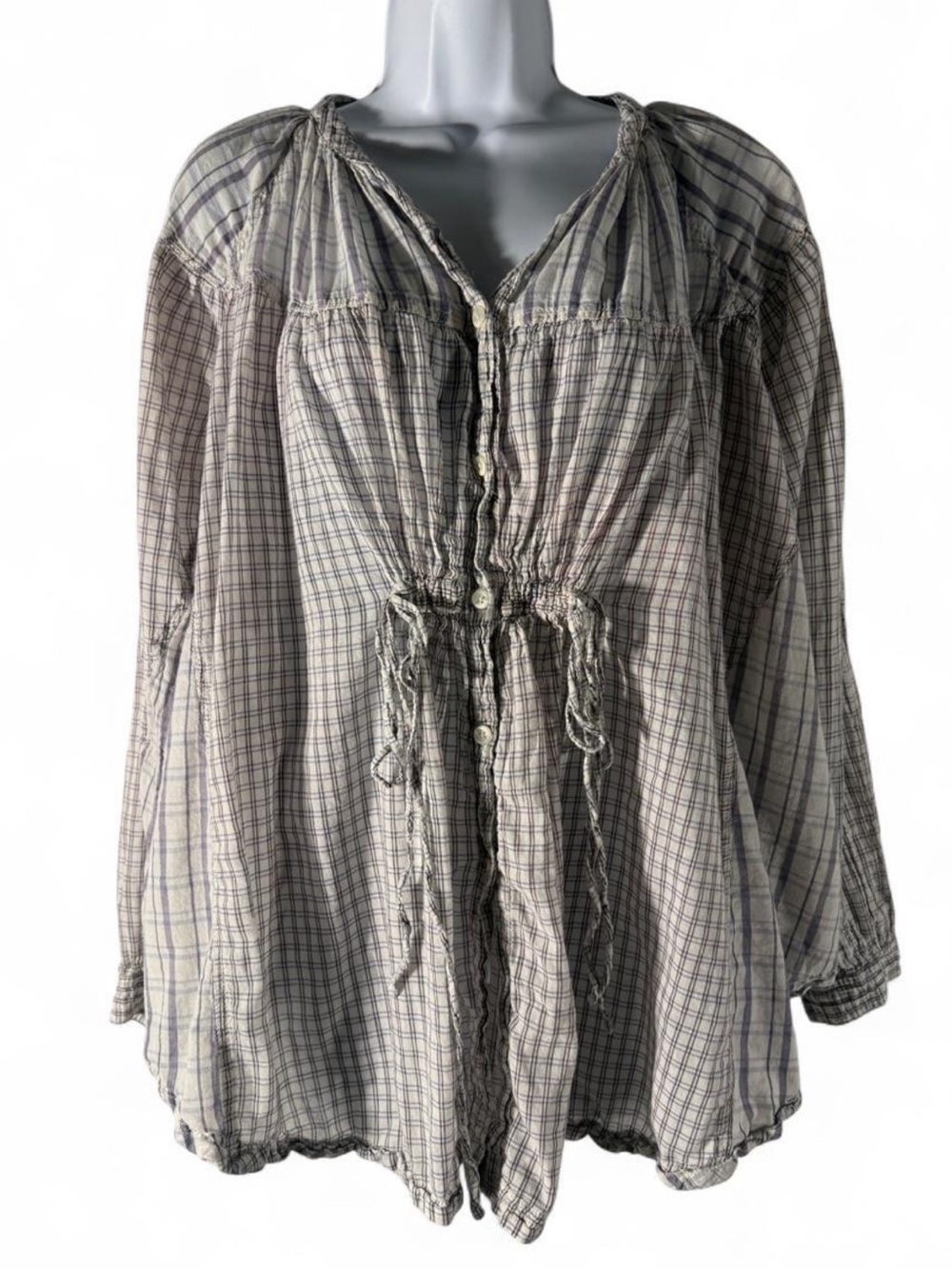 FREE PEOPLE HOMESPUN PLAID BUTTON DOWN TUNIC TOP IN WHITE COMBO